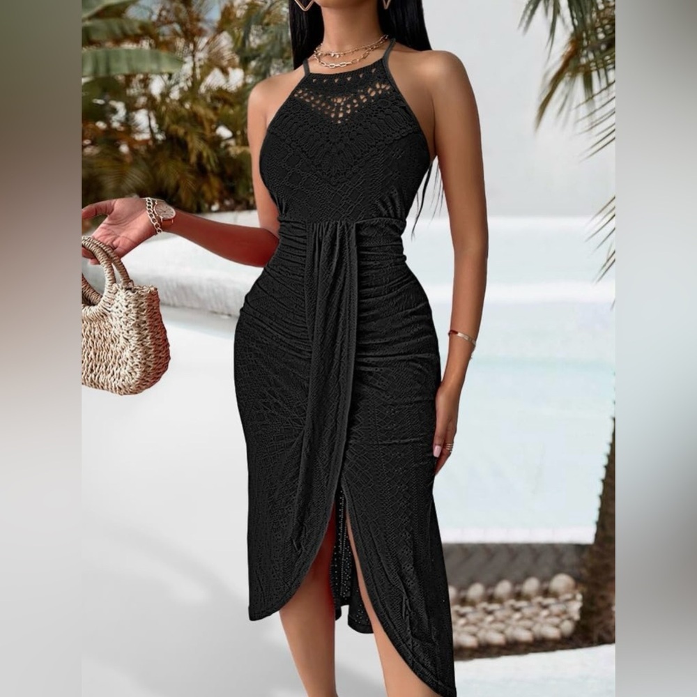 CHICME Halter Dress Hollow Out A Line with Eyelet Embroidery & Side Slit Plus - Picture 2 of 12